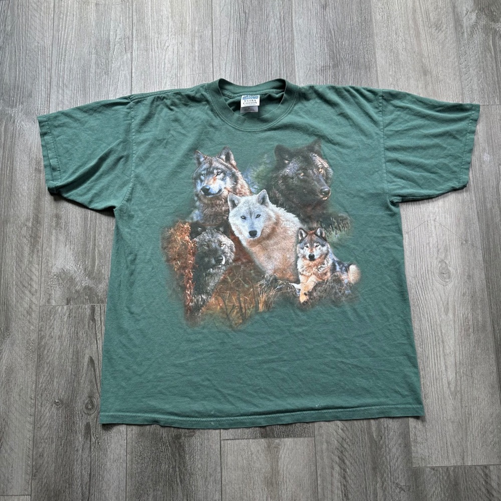 90s VTG nature gildan Cotton Wolf Pack Graphic T-Shirt Mens XL Green baggy fit